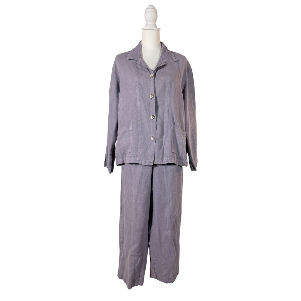 Y2K 100% Linen Purple Set Women's L Cut Loose Top & Pants Lagenlook Casual Chic
